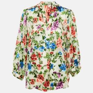 Pre Owned Alice + Olivia Cream Floral Devore Mandarin Collar Top XL