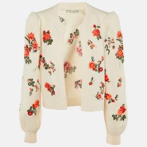 Pre Owned Alice + Olivia Cream Floral Intarsia Wool Puff Sleeve Kitty Cardigan L