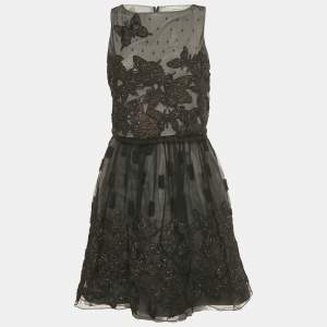 Pre Owned Alice + Olivia Black Embroidered Embellished Mesh Top & Skirt Set S