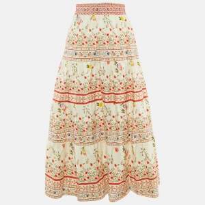 Pre Owned Alice + Olivia Beige Floral Print Linen & Cotton Tiered Melony Midi Skirt L  