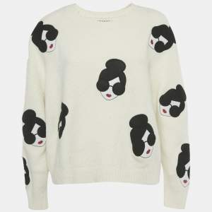 Pre Owned Alice + Olivia White Girl Applique Stretch Knit Sweater M