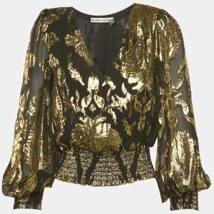 Pre Owned Alice + Olivia Black /Gold Metallic Print Silk Blend Puff Sleeve Blouse XS