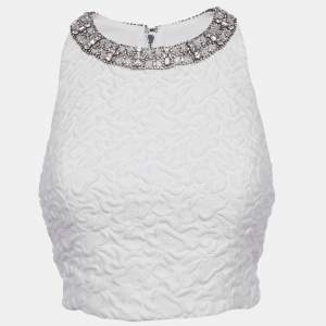 Pre Owned Alice + Olivia White Jacquard Embellished Crop Top S