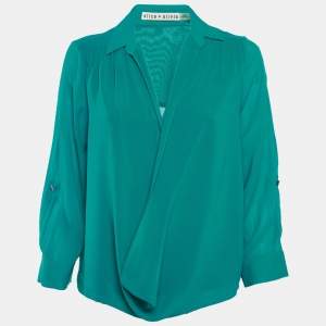 Pre Owned Alice + Olivia Teal Blue Silk Draped Blouse S