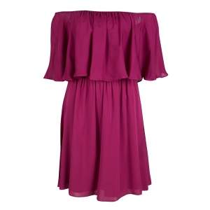 Pre Owned Alice + Olivia Cranberry Silk Dora Ruffled Off Shoulder Dress S