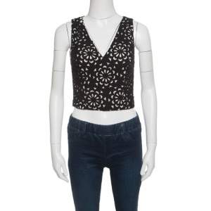 Alice + Olivia Black Floral Laser Cut Sleeveless Lyla Crop Top S