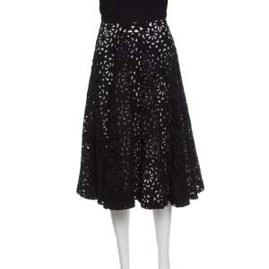 Alice + Olivia Black Floral Laser Cut Flared Viviana Skirt S