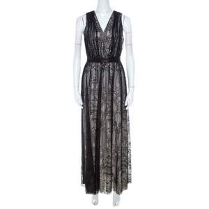 Alice + Olivia Black Lace Leather Trim Sleeveless Sybil Maxi Dress S