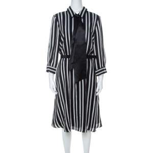 Alice + Olivia Employed Monochrome Striped Silk Necktie Detail Belted Dress L