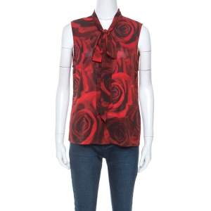 Pre Owned Alice + Olivia Red Rose Print Silk Tie Neck Detail Sleeveless Top M