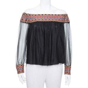 Pre Owned Alice + Olivia Black Tulle Contrast Trim Detail Off Shoulder Top L