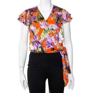 Pre Owned Alice + Olivia Orange Floral Devore Wrap Top L
