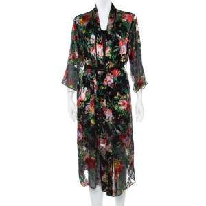 Alice + Olivia Black Rose Printed Devore Belted Robe XS