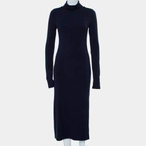 فستان ماكسي أليس + أوليفيا تريكو أزرق كحلي رقبة مرتفعة أكمام طويلة شق مزين مقاس متوسط - ميديوم