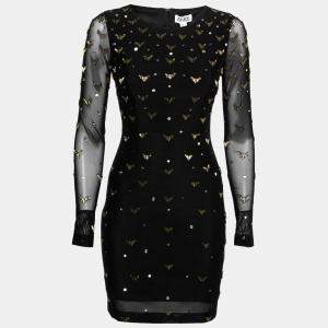 Alice by Temperley Black and Gold Embellished Stretch Tulle Sapphire Pencil Dress S