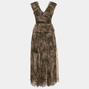 All Saints Brown Leopard Print Tulle Pleated Midi Dress S