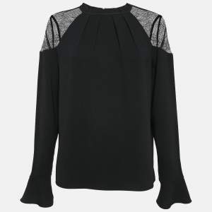 All Saints Black Crepe Lace Trimmed Shoulder Top L