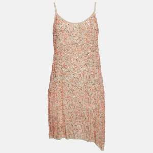 AllSaints Beige Sequin Crepe Sleeveless Raw-Edge Mini Dress M