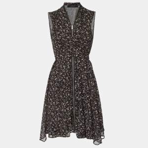 All Saints Black Floral Print Crepe Zip Detail Mini Jayda Pepper Dress M