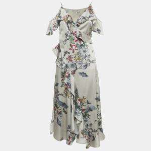 Pre Owned All Saints Sage Green Printed Satin Orion Sanibel Midi Dress M
