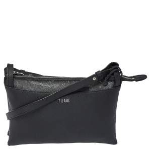 Pre Owned حقيبة كتف ألفيرو مارتيني أيه 1 سحاب جلد وكانفاس مقوى طباعة جيو سوداء 