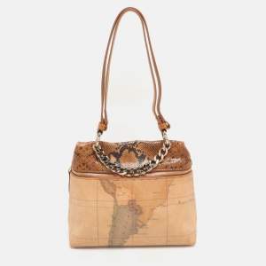 Alviero Martini 1A Classe Tan Geo Canvas and Python Embossed Leather Top Handle Bag