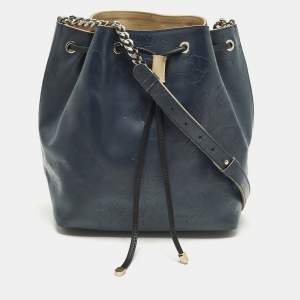 Pre Owned Alviero Martini 1A Classe Navy Blue Geo Embossed Leather Drawstring Bucket Bag