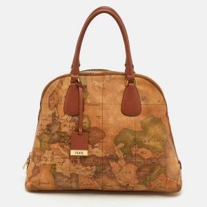 مملوكة مسبقًا حقيبة ساتشيل الفييرو ماركيني 1A كلاسيه قماش مطلي وجلد بطبعة جغرافية بيج/بني