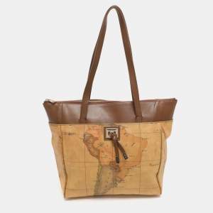 Pre Owned Alviero Martini 1A Classe Tan/Brown Geo Print Coated Canvas and Leather Tote