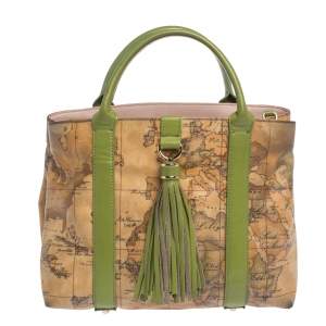 Pre Owned Alviero Martini 1A Classe Beige/Green Geo Print Coated Canvas and Leather Tassel Tote