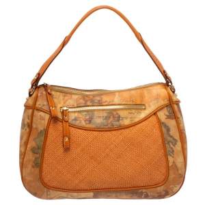 Alviero Martini 1A Classe Orange Geo Print Coated Canvas and Woven Leather Front Pocket Hobo