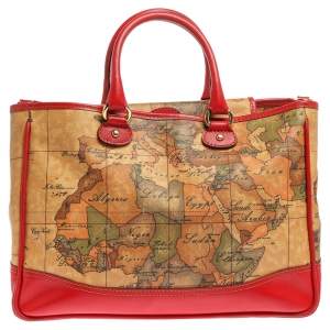 Pre Owned Alviero Martini 1A Classe Beige/Red Geo Print Coated Canvas and Leather Tote