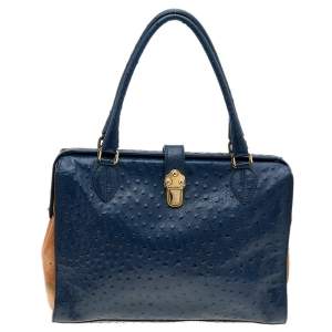 Alviero Martini 1A Classe Blue/Beige Ostrich Embossed Leather Satchel