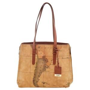 Pre Owned Alviero Martini 1A Classe Tan Geo Print Coated Canvas And Leather Tote
