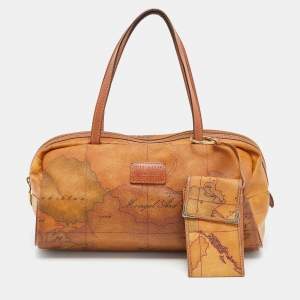 Alviero Martini 1A Classe Tan Geo Print Coated Canvas and Leather Satchel