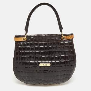Alviero Martini 1A Classe Dark Brown Croc Embossed Leather and Canvas Hobo 