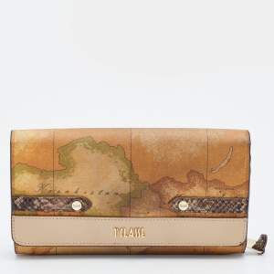 Pre Owned Alviero Martini 1A Classe Tan Geo Print Coated Canvas and Leather Flap Continental Wallet