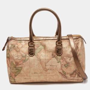 Alviero Martini 1A Classe Gold/Bronze Geo Classic Print Coated Canvas and Leather Boston Satchel