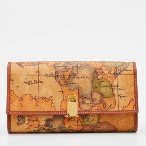 Pre Owned Alviero Martini 1A Classe Tan Geo Print Coated Canvas and Leather Flap Continental Wallet