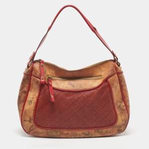 Alviero Martini 1A Classe Tan/Ted Geo Print Coated Canvas and Woven Leather Front Pocket Hobo