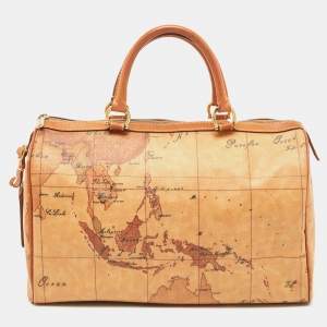 Alviero Martini 1A Classe Tan Geo Classic Print Coated Canvas and Leather Boston Satchel