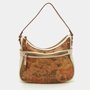 Alviero Martini 1A Classe White/Tan Geo Print Coated Canvas and Leather Front Pocket Hobo