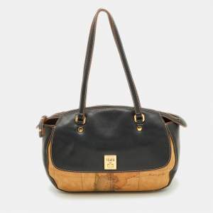 Alviero Martini 1A Classe Tan/Black Geo Print Coated Canvas and Leather Satchel