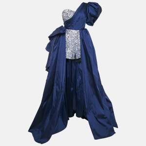 Amelie Baku Blue Sequin Embellished Satin Draped One Shoulder Gown S