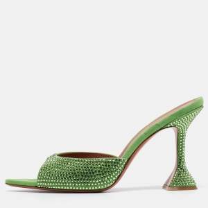 Amina Muaddi Green Suede Crystal Embellished Caroline Slide Sandals Size 41