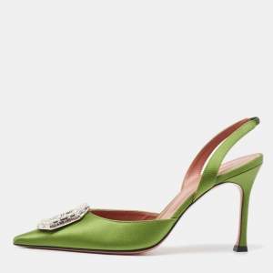 Amina Muaddi Green Satin Camelia Slingback Pumps Size 39