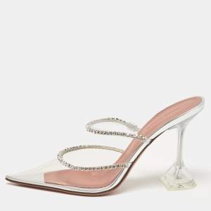 Amina Muaddi Silver PVC Crystal Embellished Mules Size 37.5