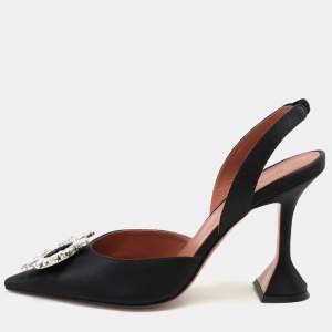 Amina Muaddi Black Satin Begum Slingback Pumps Size 40