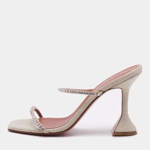 Amina Muaddi Beige Fabric Gilda Crystal Embellished Slide Sandals Size 39