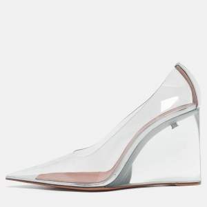 Amina Muaddi Silver Patent Leather and PVC Ane Wedge Pumps Size 39
